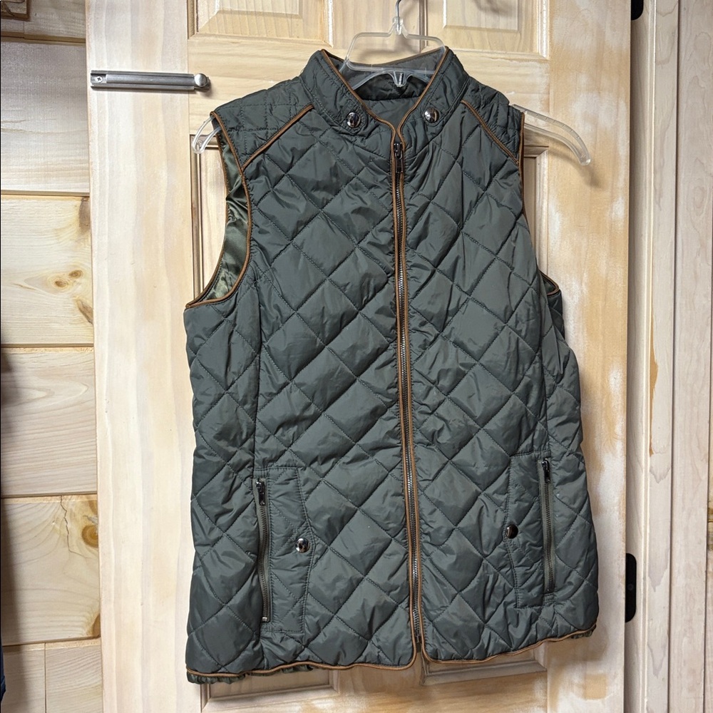 Miss Moly Quilted Green Vest with Brown Trim